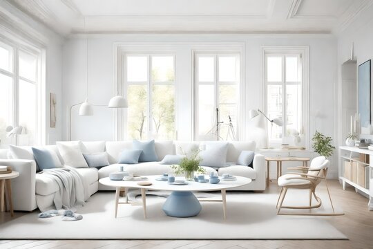 Serene white living room adorned with soft blue accents, Scandinavian-style furniture bathed in natural light.