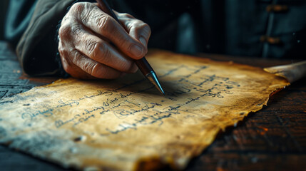 Hand of an elderly man writing on an old manuscript Generative AI Illustration - obrazy, fototapety, plakaty