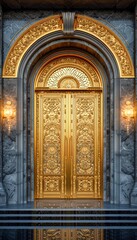 Fototapeta na wymiar Background of a golden door made of pure solid gold in a luxurious environment Generative AI Illustration