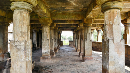 Fototapeta na wymiar Pillars Inside Batisa Temple, it Dedicated to Lord Shiva, Barsur, Bastar, Chhattisgarh, India.