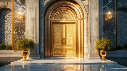 Background of a golden door made of pure solid gold in a luxurious environment Generative AI Illustration - obrazy, fototapety, plakaty