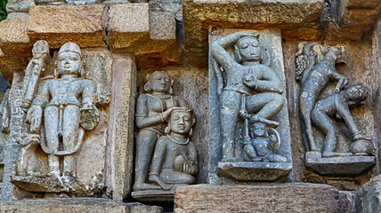 Sculpture of Lord Shiva, Hanuman and erotic sculpture on the Chandraditya Temple. Barsur, Bastar, Chhattisgarh, India...