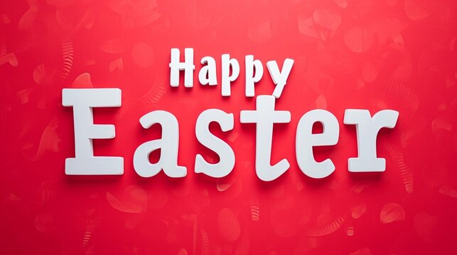a photo text of word " Happy Easter " on solid white and red background