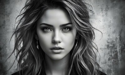 Black and white portrait of a beautiful young woman on an old grunge gray background