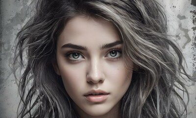 Naklejka premium Beautiful girl with curly hair and engaging look on a worn gray background