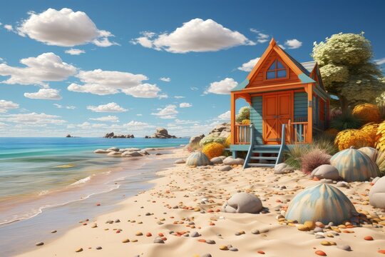 A colorful beach hut on a sunny shore