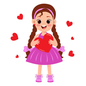 Vector image of a cartoon little girl with pigtails with a Valentine card