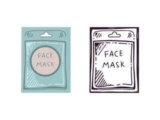 Hand-drawn face mask in a package, beauty cosmetic element, self care. Illustration for beauty salon, cosmetic store, makeup design. Colored flat style and black doodle style.