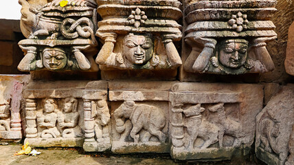 Carvings Panels of Kichak Holding a Pillars, Nandi and Gaj on the Shri Pataleshwar Temple, Malhar, Bilaspur, Chhattisgarh, India... - obrazy, fototapety, plakaty
