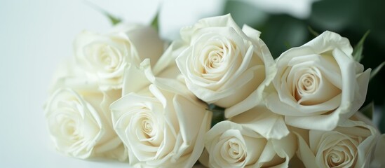 A close up of a stunning bouquet of white roses, a type of flowering plant in the rose family. These roses, known as hybrid tea roses, have beautifully arranged petals.