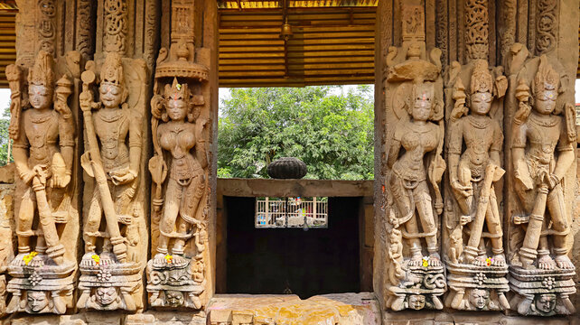 Carvings of Ganga, Yamuna and Dwarapala on the Shri Pataleshwar Temple, Malhar, Bilaspur, Chhattisgarh, India..