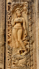 Carving of Yamuna on the Entrance of Bhima Kichak Temple, Malhar, Bilaspur, Chhattisgarh, India. - obrazy, fototapety, plakaty