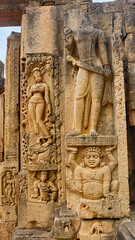Carvings of Yamuna, Dwarapala and Kichak on the Entrance of Bhima Kichak Temple, Malhar, Bilaspur, Chhattisgarh, India... - obrazy, fototapety, plakaty