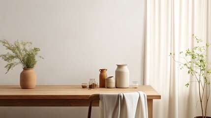 A cozy, minimal presentation setting with a natural, relaxing vibe featuring a background, wooden counter, glass vase, dry plant, chair, curtains, and an empty table for showcasing café or kitchen