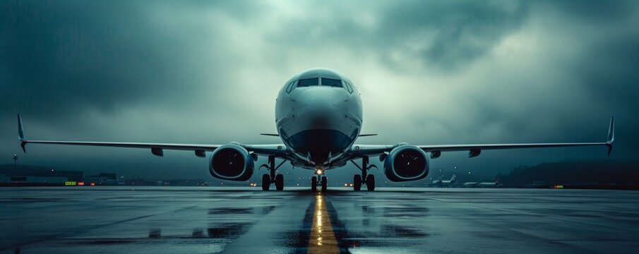 Aircraft airplain parked  on the runway of airport at evening