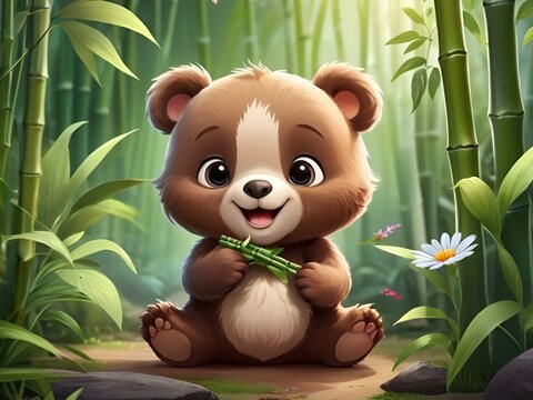 Grassy Wonderland: Smiling Baby Bear in Fairy Jungle,  Cute baby animals for Kids wall art designs, Cute Beautiful Baby Bird in the tree, Cute baby animals for kids, Cute baby animals in fairy forest