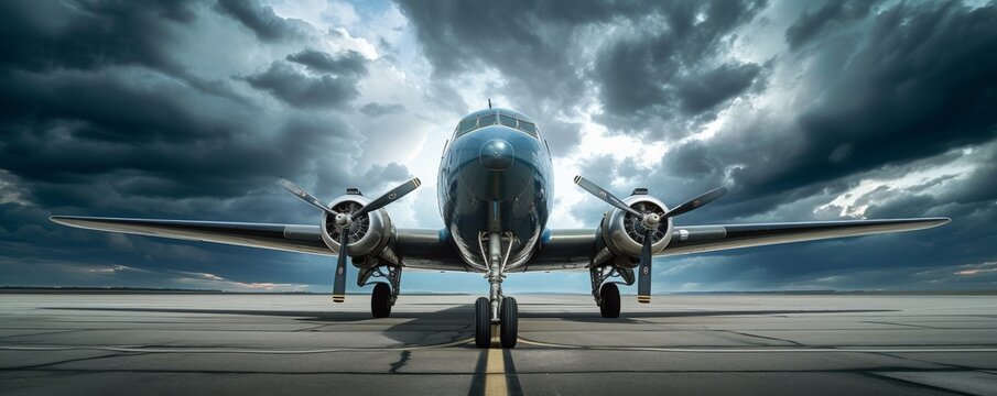 Aircraft airplain parked  on the runway of airport at evening