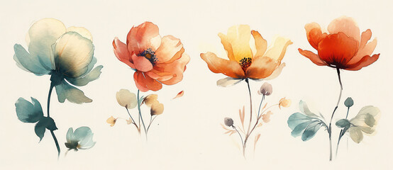 Watercolor Floral Blossom: Vintage Grunge Illustration of Red Poppy on Decorative Background - obrazy, fototapety, plakaty