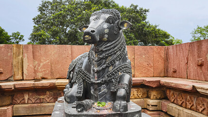 Beautifully Carved Statue of Nandi in Front of Kakatiya Rudreshwara Temple, Palampet, Warangal, Telangana, India...