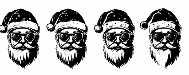 Holiday Christmas  santa claus symbol sticker  logo illustration - Collection set of black silhouette of cool hipster santa claus or nicholas with sunglasses, isolated on white, Generative AI 