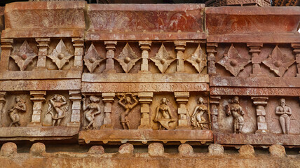 Carving Panels of Flowers and Dancers Sculptures on the Kakatiya Rudreshwara Temple, Palampet,...
