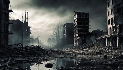 The world after
apocalypse, destroyed buildings, toxic atmosphere - obrazy, fototapety, plakaty