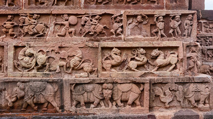 Carving Panels of Warriors, Elephants and Yali's on the Mahadeva Temple of Deobaloda, the Nagara Style Temple, built by Kalachuris in 14th Century, Raipur, Chhattisgarh, India...