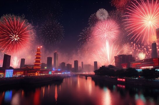 fireworks in an Asian city celebrating a holiday	