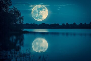 Full moon casting its glow over a calm lake, mirroring the celestial sphere.