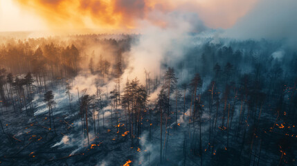 Wild forest fire. Burned trees after forest fires, lots of smoke. Natural disasters concept. Aerial view. Generative AI