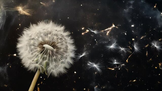 Dandelion fluff is being blown by the wind, appearing to dance against the night sky. Some are still attached to the stem, while many are released into the air.
