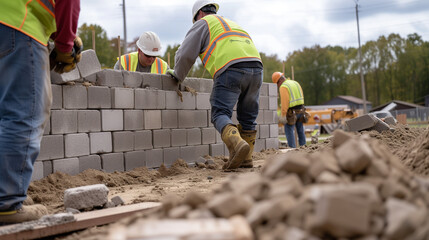 construction workers in helmets and yellow vests lay a wall of bricks at a construction site