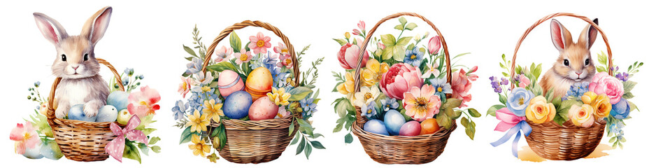 Set of Baskets with colorful eggs and flowers, Happy Easter, easter basket watercolor, cute watercolor easter bunny. Isolated cutout on transparent background.