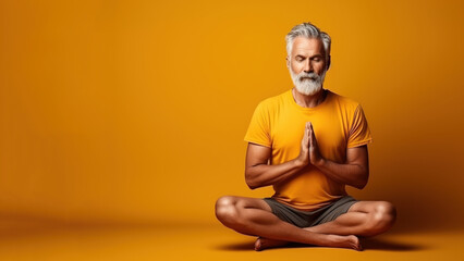 A relaxed European vacationer, a mature middle-aged man in a yellow shirt, praying, meditating, feeling like a Zen Buddhist with his eyes closed, in a lotus position on a yellow background.