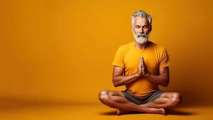 Poster A relaxed European vacationer, a mature middle-aged man in a yellow shirt, praying, meditating, feeling like a Zen Buddhist with his eyes closed, in a lotus position on a yellow background. © Наталья некрасова