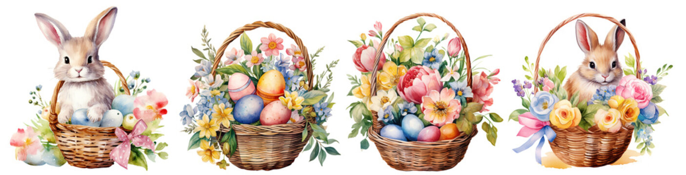 Set of Baskets with colorful eggs and flowers, Happy Easter, easter basket watercolor, cute watercolor easter bunny. Isolated cutout on transparent background.