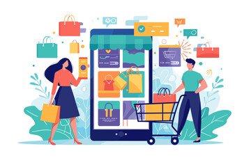 Modern Shopping Experience, Consumers Making Online Purchases, E-commerce and Retail Concept, People Engaging in Mobile Shopping with Digital Cart and Payment. - obrazy, fototapety, plakaty