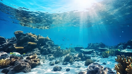Underwater view of a colorful sea coral reef with fishes. Ocean ecosystem. Generative AI