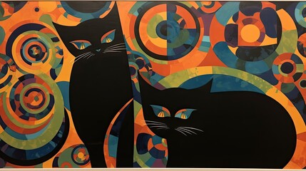 Colorful geometric abstract art with stylized black cats. A painting with silhouettes of black cats is a modern geometric art for printing on fabric, paper, dishes, stationery. Halloween cats drawing.