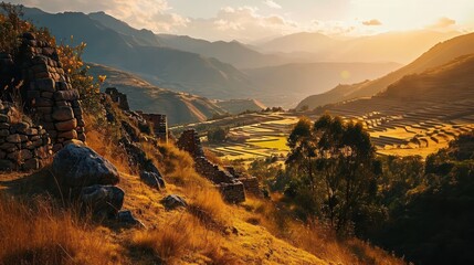 Ancient Incan highland landscape at sunset, with terraced fields and ancient stone structures basking in warm hues