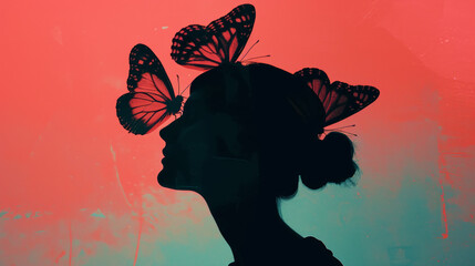 Trendy fashion magazine cover with a woman with butterflies on head and face. Pop art style. Modern...