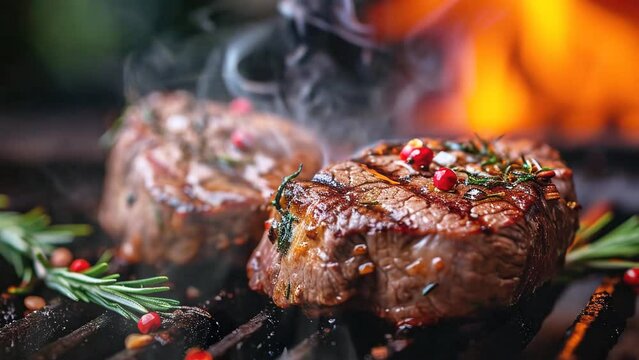 Grilled beef in slow motion with smoke