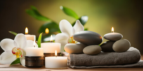 Fototapeta na wymiar Spa Flower Candle Care: Aromatherapy Massage with Orchid and Stone, a Serene Wellness Zen in Green Background.