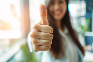 Thumbs up, blurred and working woman does agree by doing hand gesture to express she is happy.
