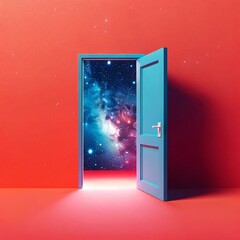 Open Doorway to the Universe Concept on Red Background