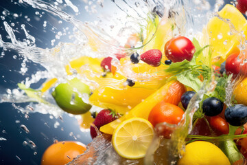 Juicy Freshness: Vibrant Fruit Splash on Clean White Background
