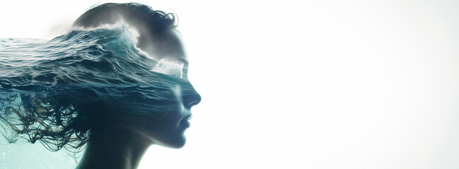 Profile of woman head with ocean side, symbolizing mental health, the mind and meditation, with space for text