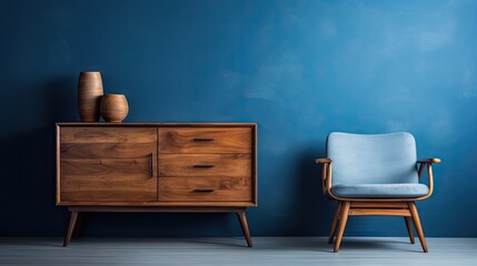 Wood cabinet with chair placed in front of a dark blue wall, featuring a Scandinavian vintage style. - obrazy, fototapety, plakaty