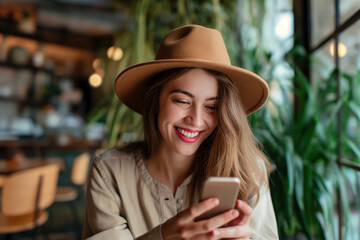 Smiling woman looking at her phone. She likes what she sees and is happy.