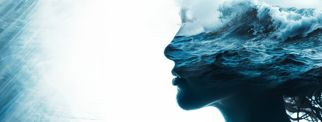 Profile of woman head with ocean side, symbolizing mental health, the mind and meditation, with space for text